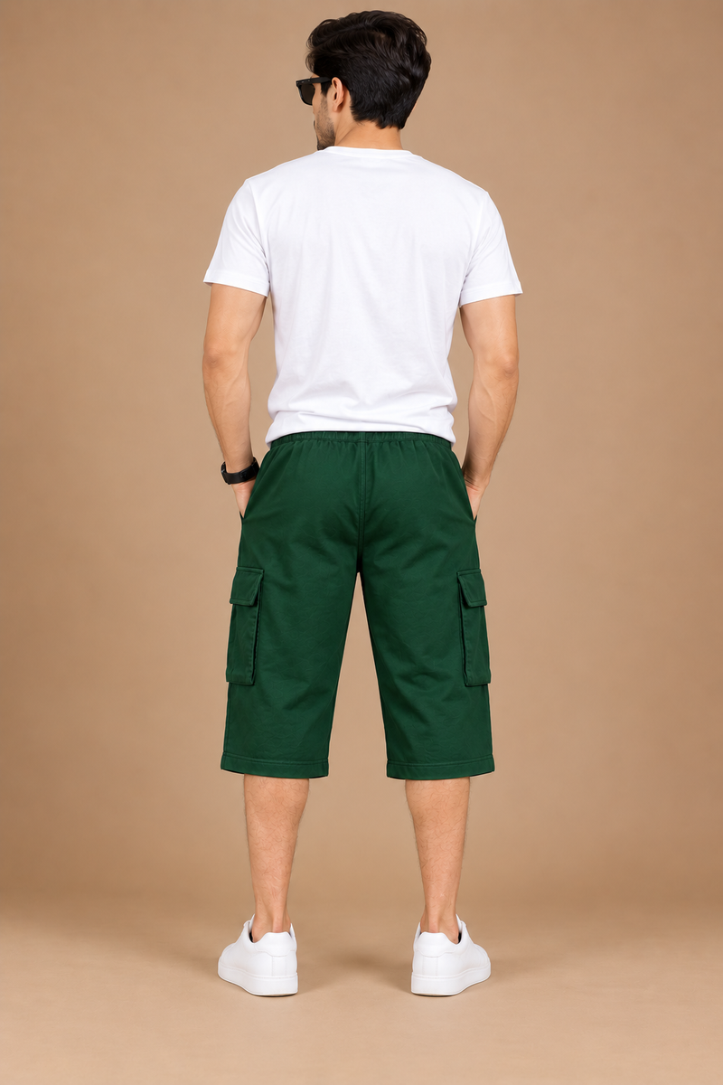 Men's dark green Summer Three Quarter Cargo Shorts – Soft Cotton Casual Capri with Side Pockets h1345