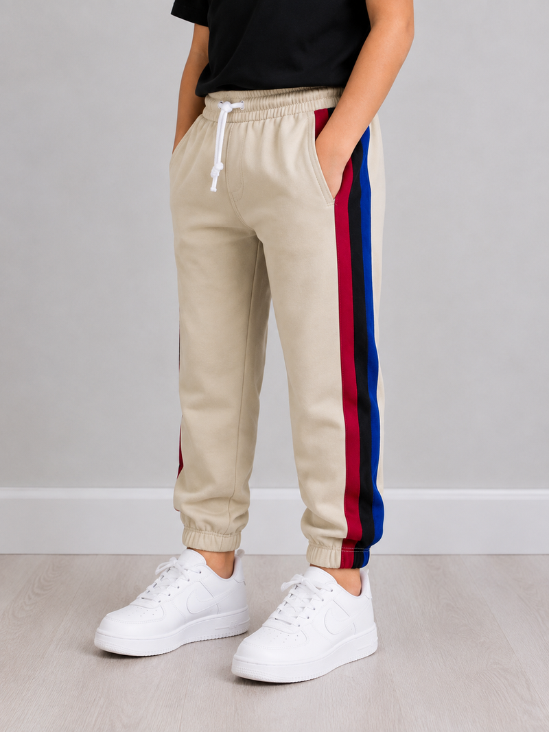 Kids Premium Track Pants – Beige with Red, Black & Royal Blue Stripes bn123