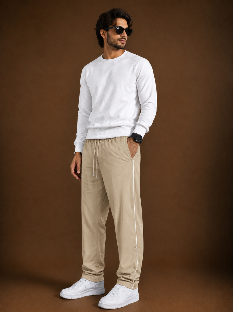 Stylish Regular Fit Both Season Trouser For Men Light khaki with white stripes tr13