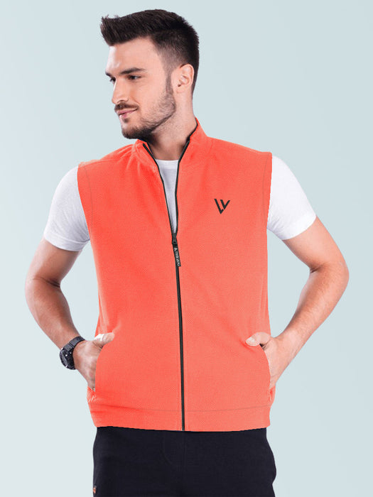 Louis Vicaci Fur Sleeveless Zipper Mock Neck Jacket For Men-Coral Pink-RT1167
