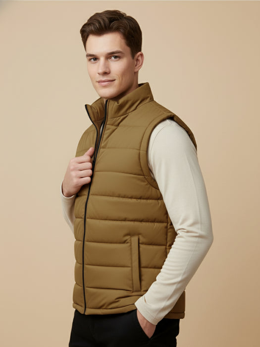 Stylish Puffer Sleeveless Zipper Mockneck Jacket For Men-Light Brown-BRPH24