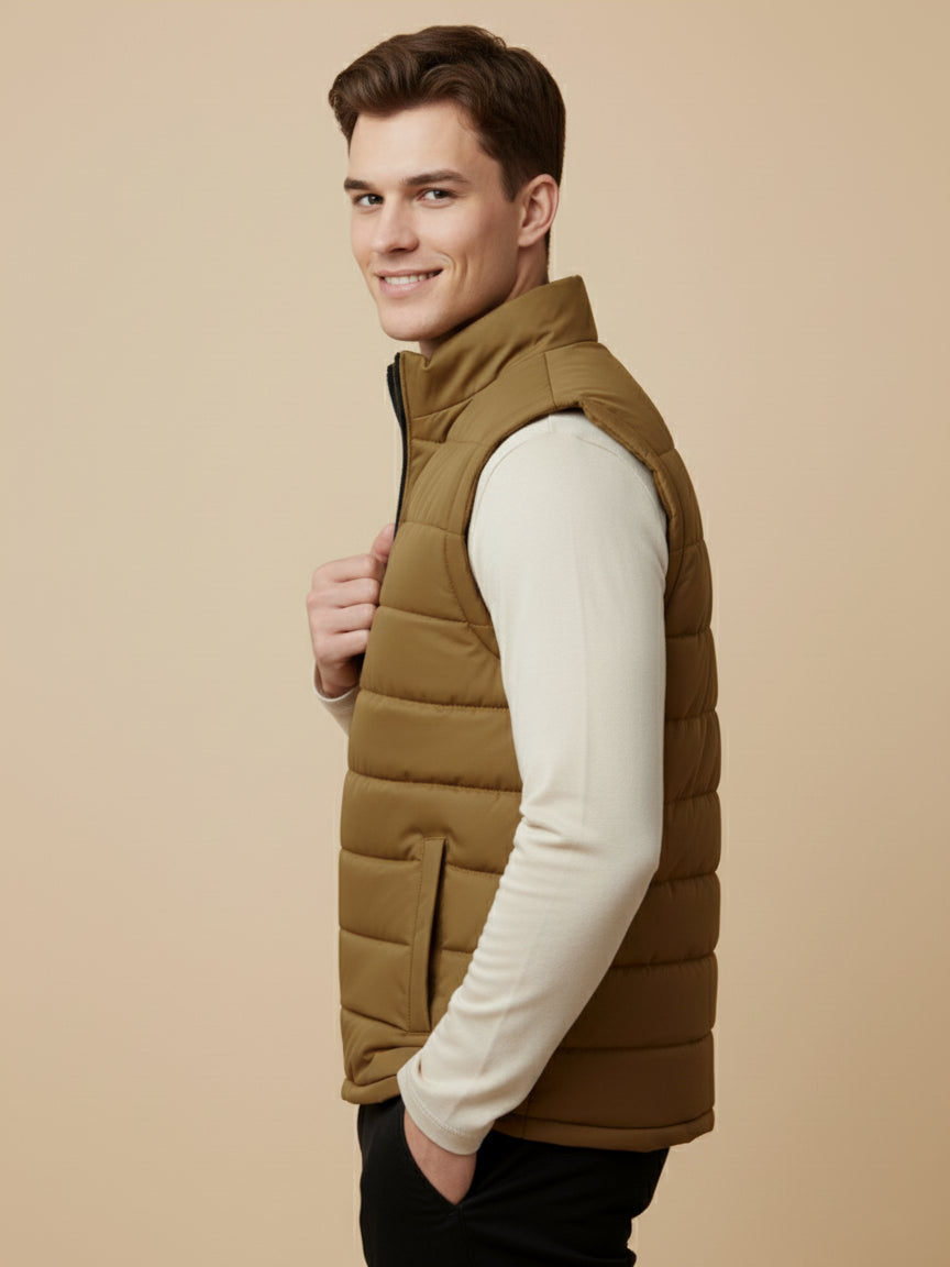 Stylish Puffer Sleeveless Zipper Mockneck Jacket For Men-Light Brown-BRPH24
