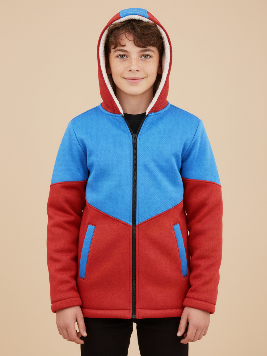 Mango Stylish Inner Fur Zipper Hoodie For Kids-Blue & Red-MZH02