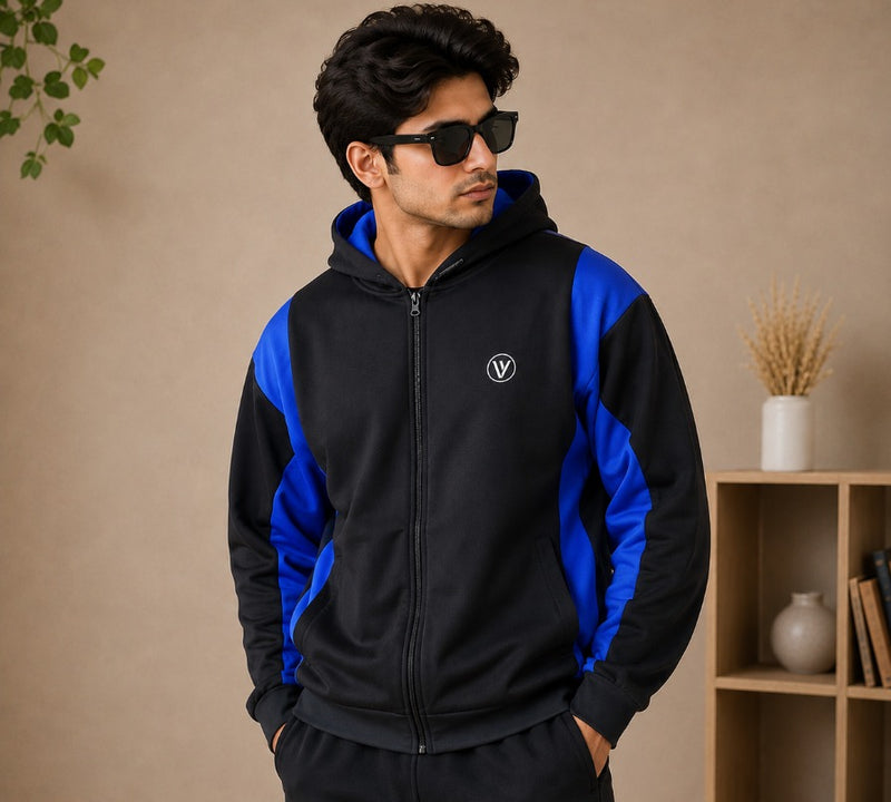 Stylish Winter Zipper down shoulder Jacket For Men-Black With royle Blue panals hr1