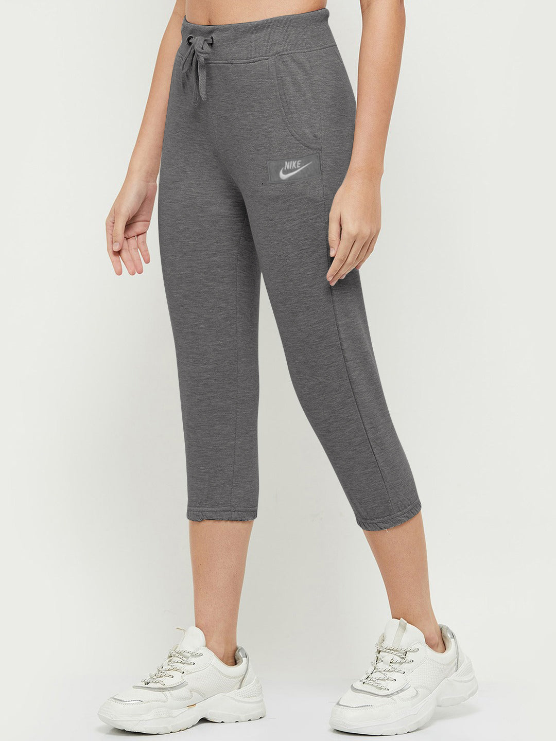 Nk Fleece Gathering Fit Capri For Ladies-Charcoal Melange-BR233