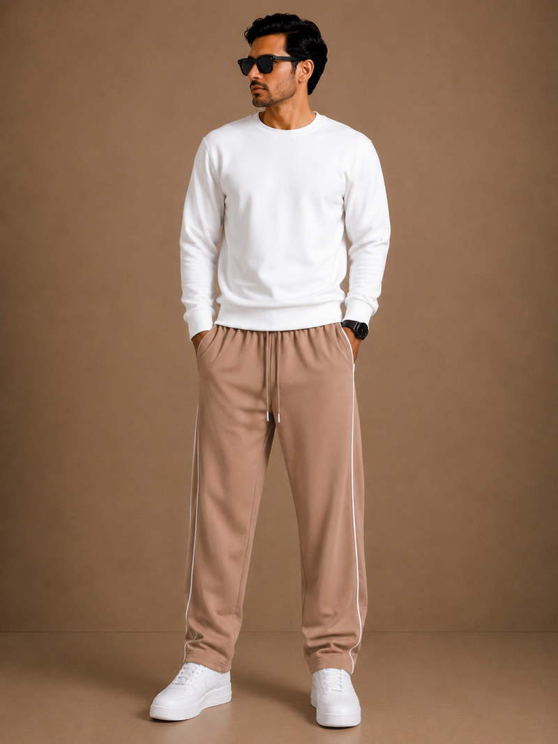 Stylish Regular Fit Both Season Trouser For Men Light Taupe with white stripes tr7