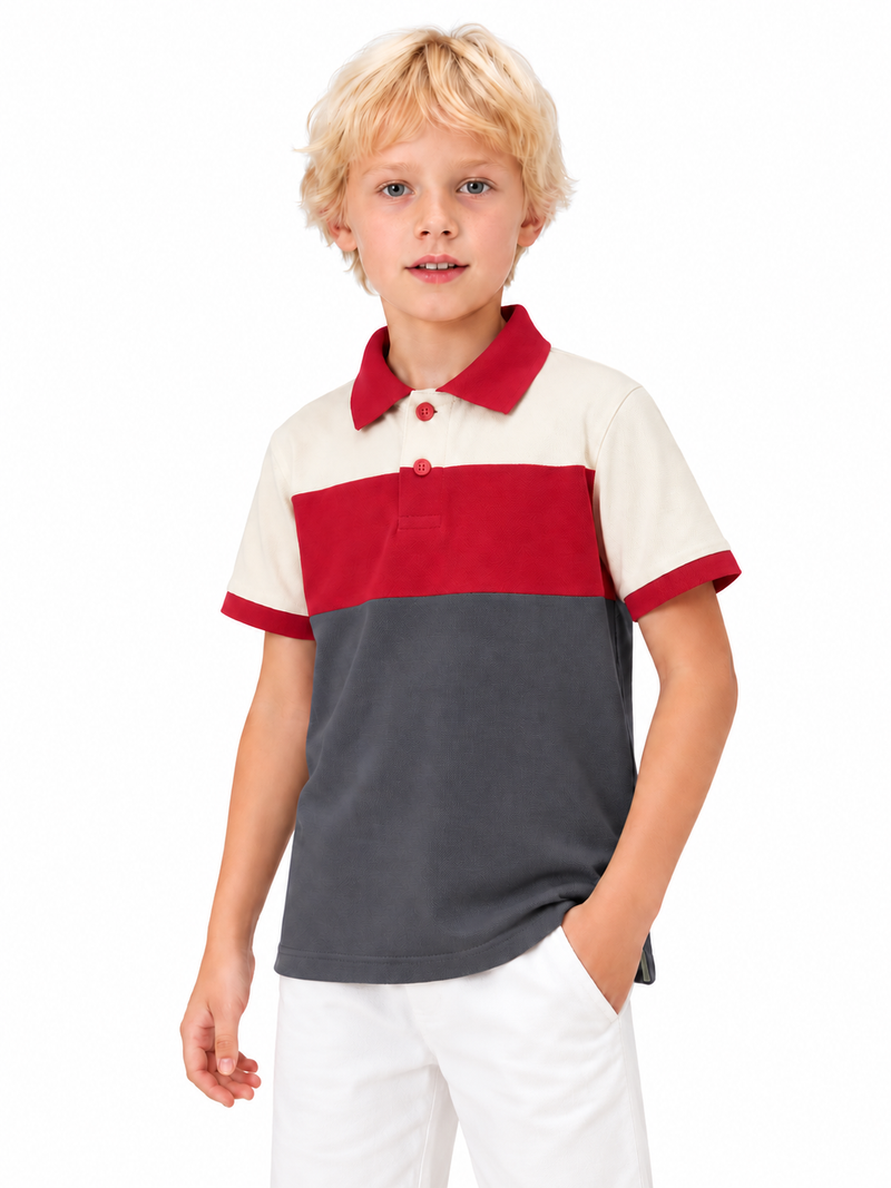 HB Summer P.Q Polo Shirt For Kids- dark grey red with off-white  hb02