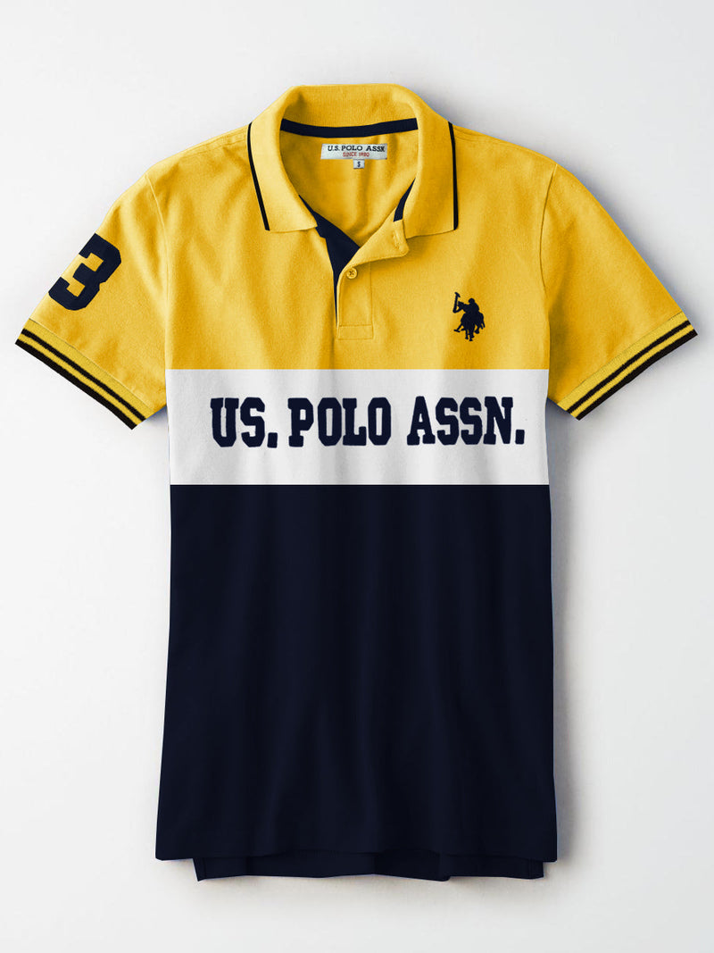 U.S Polo Assn. P.Q Half Sleeve Polo Shirt For Men-Yellow with White & Navy-BR13129