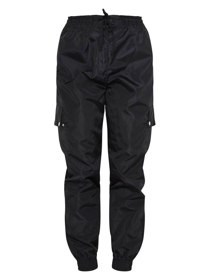 Cuffed Hem Shell Side Pockets Jogger Trouser For Ladies-Black-RT2589
