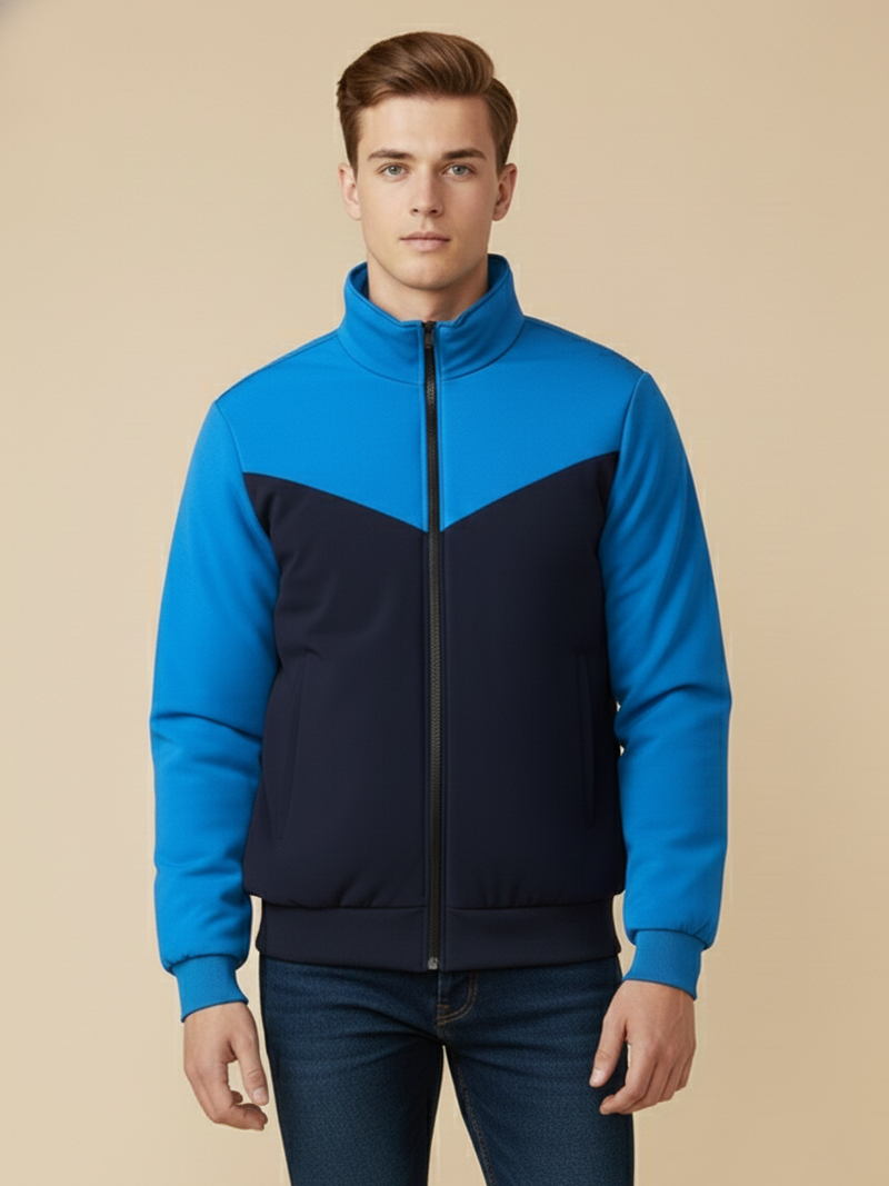 Stylish Winter Zipper Mockneck Jacket For Men-Light Royal & Dark Navy-BRPH32