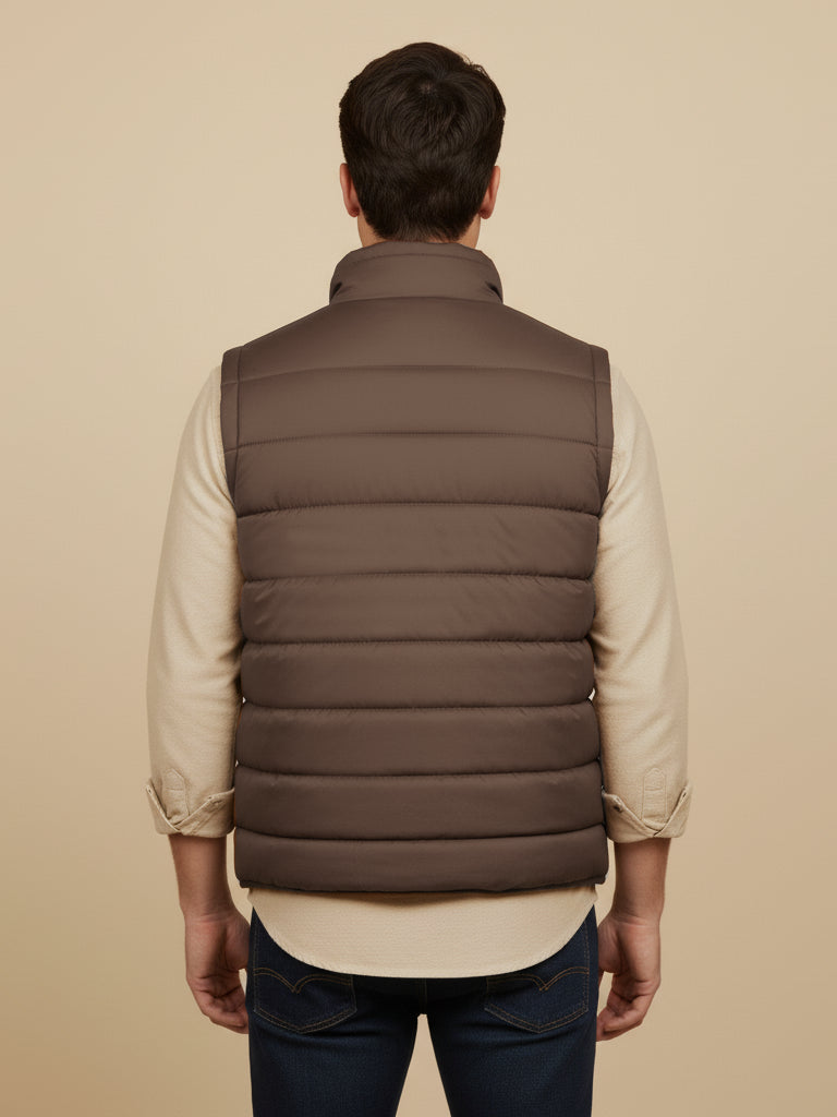 Stylish Puffer Sleeveless Zipper Mockneck Jacket For Men-Chocolate-BRPH23