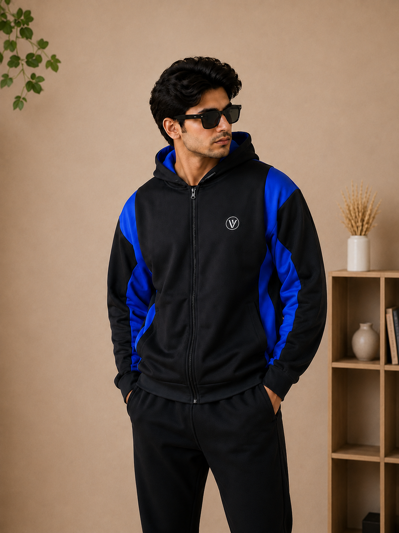 Stylish Winter Zipper down shoulder Jacket For Men-Black With royle Blue panals hr1