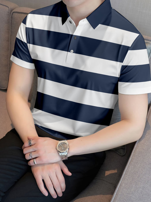 Louis Vicaci Single Jersey Polo Shirt For Men-White & Navy Stripe-BR752