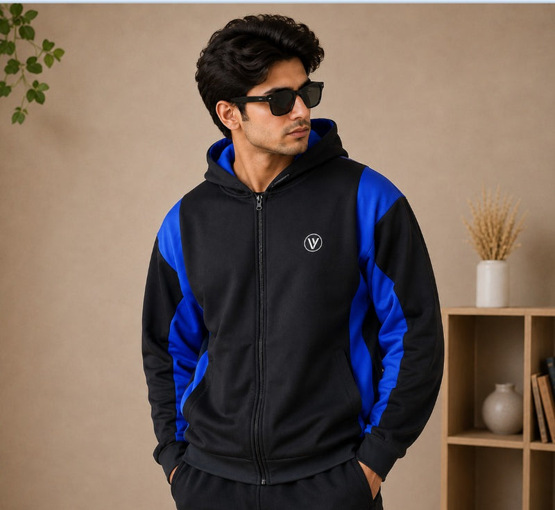 Stylish Winter Zipper down shoulder Jacket For Men-Black With royle Blue panals hr1