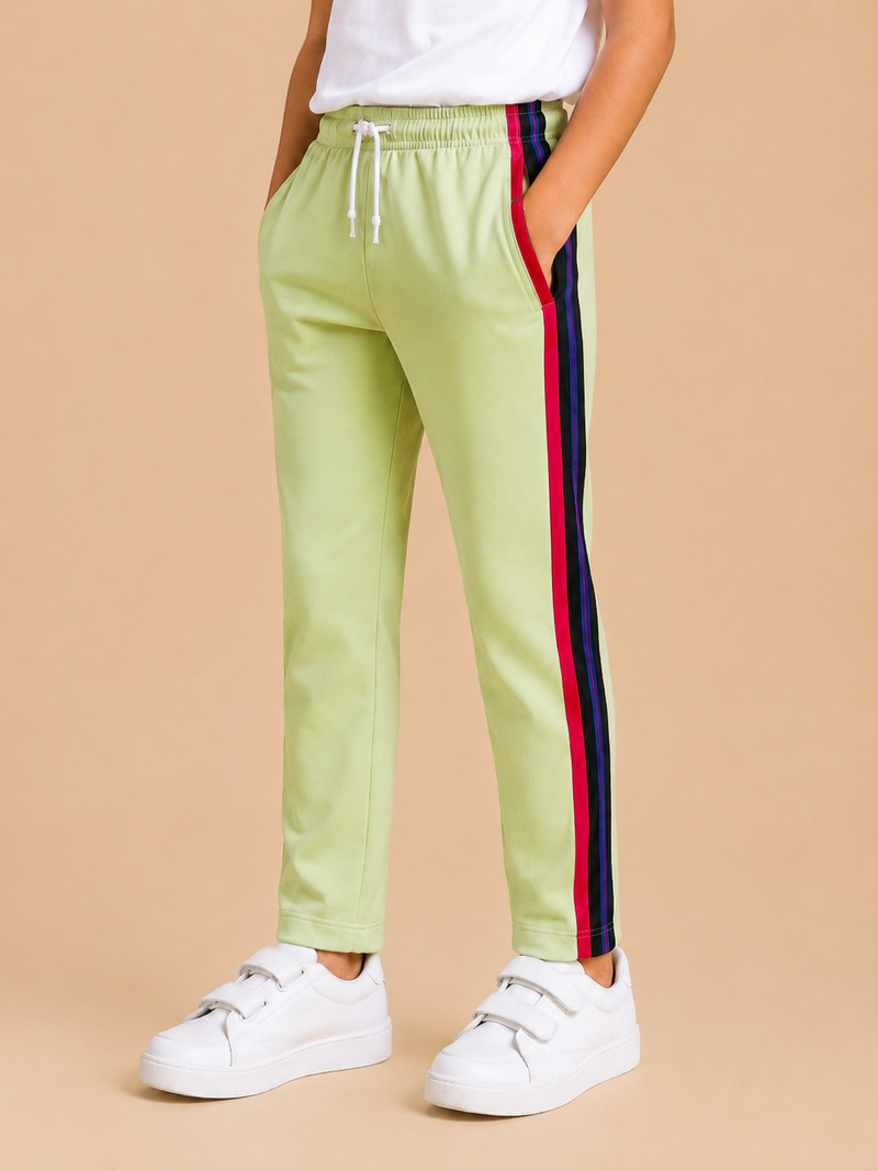 Premium Kids Lycra Trousers lime Green with Royal Blue ,Red,pink,Side panal Stripe p3