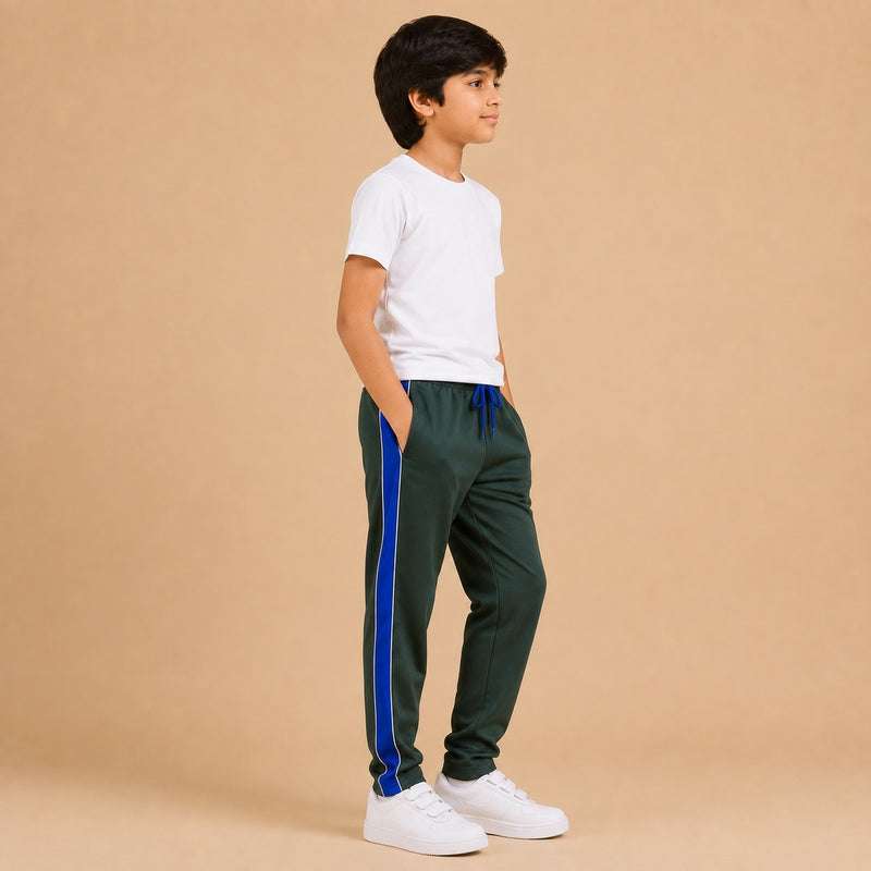 Kids Premium Track Pants – Dark Green with Royal Blue Side Panel ah1