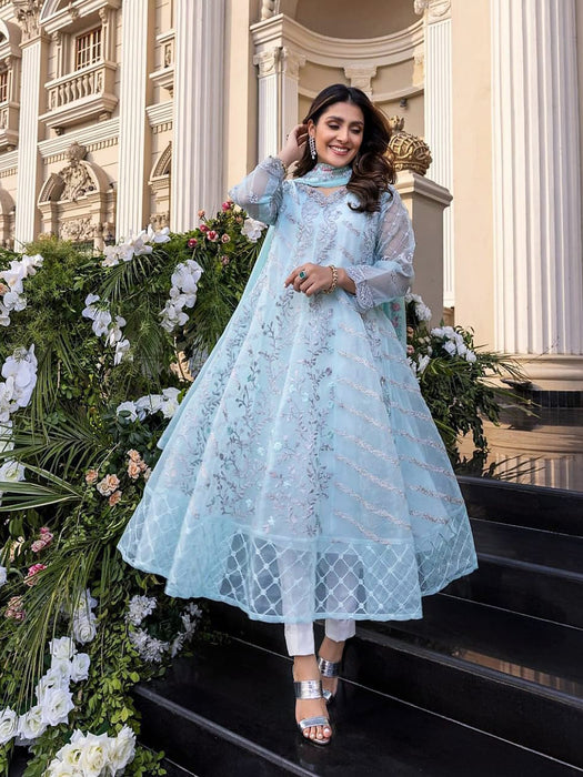 Azure Unstitched 3 Piece Frock Style Summer Organza Suit-BR5412