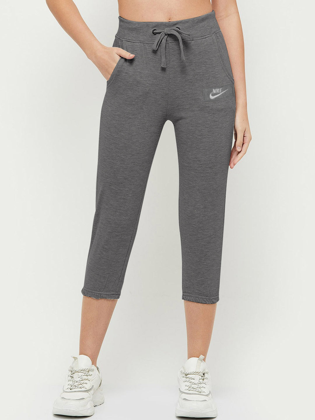 Nk Fleece Gathering Fit Capri For Ladies-Charcoal Melange-BR233