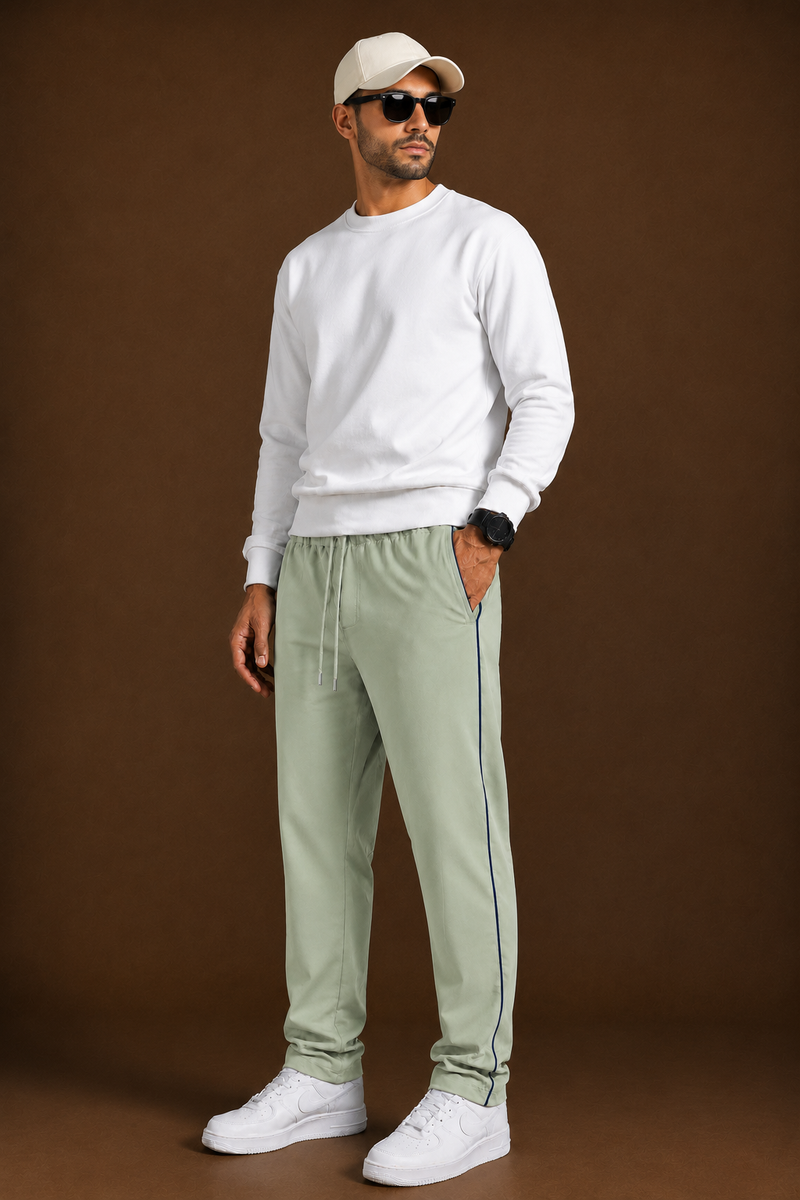 Stylish Regular Fit Both Season Trouser For Men Light Sage Green with navy stripes tr12