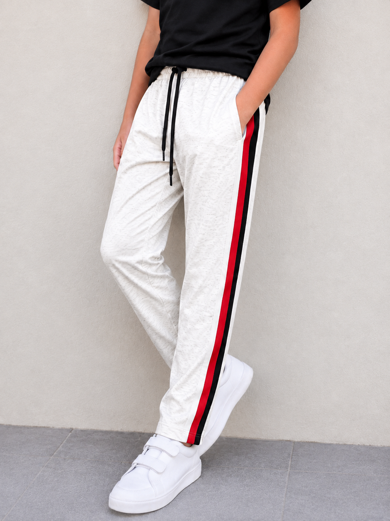 Premium Kids single jersey Trousers off-white mélange with ,Side Stripe p14