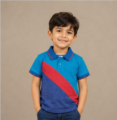 Title: Kids Color Block Polo T-Shirt – Blue & Red