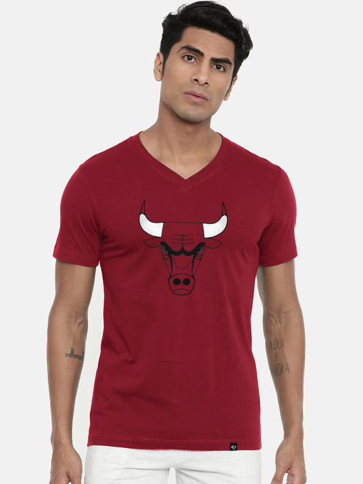 47 V Neck Tee Shirt For Men-Dark Red with Print-BR13327