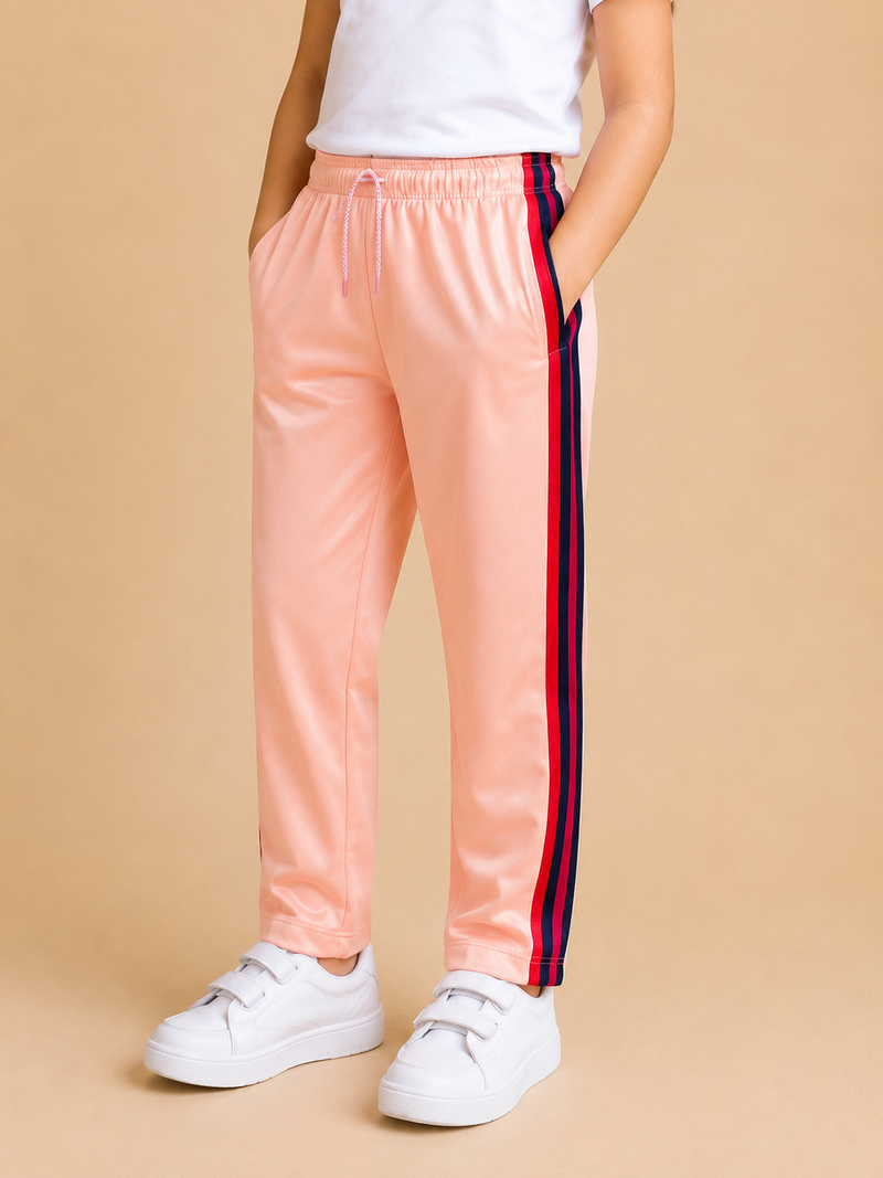 Premium Kids Lycra Trousers peach with Royal Blue ,Red,pink,Side panal Stripe p4