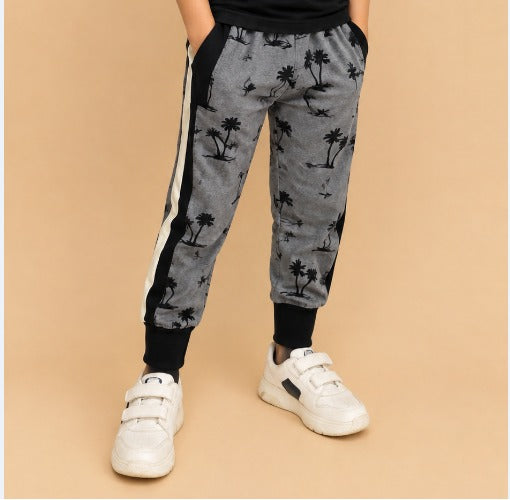Kids Printed Jogger Pants with Side Stripe – Grey & Black