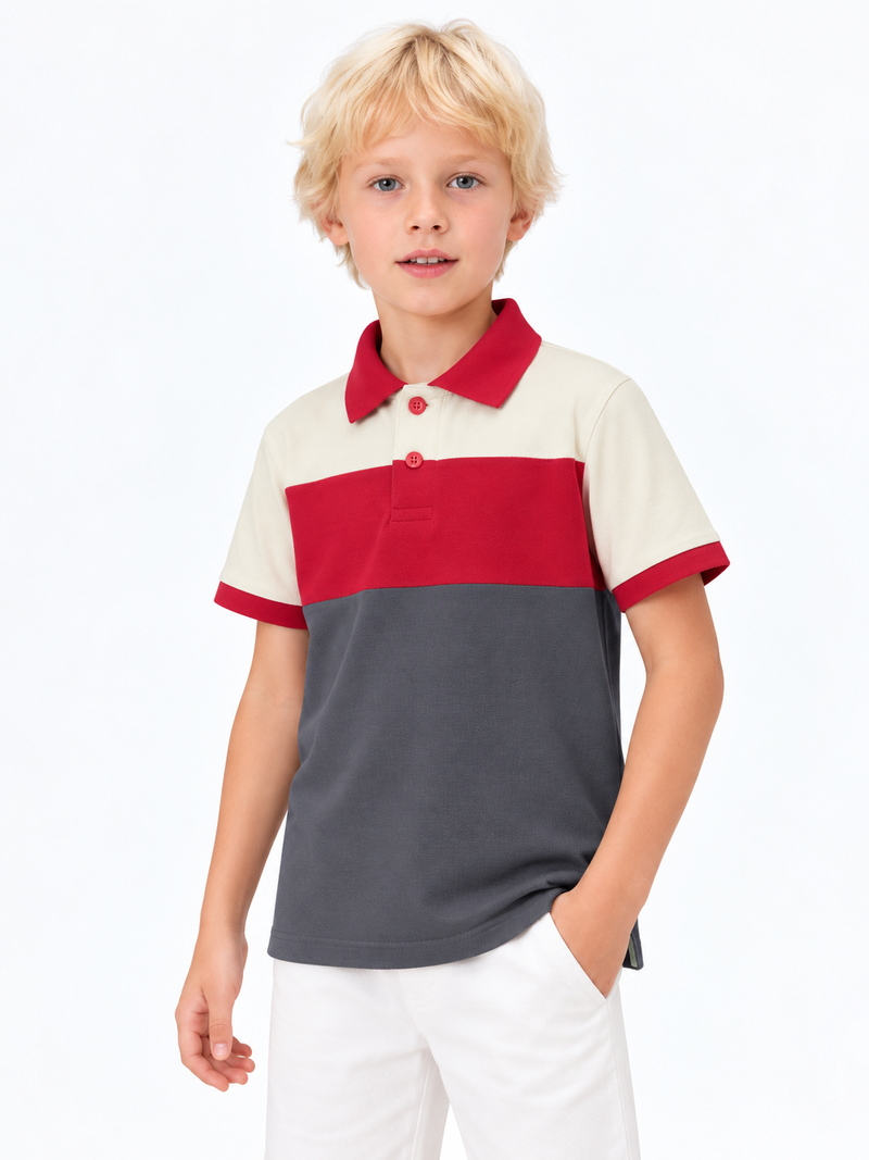 HB Summer P.Q Polo Shirt For Kids- dark grey red with off-white  hb02