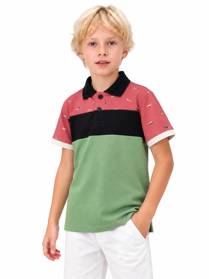 HB Summer P.Q Polo Shirt For Kids- Red, Black & Sage Green  hb03