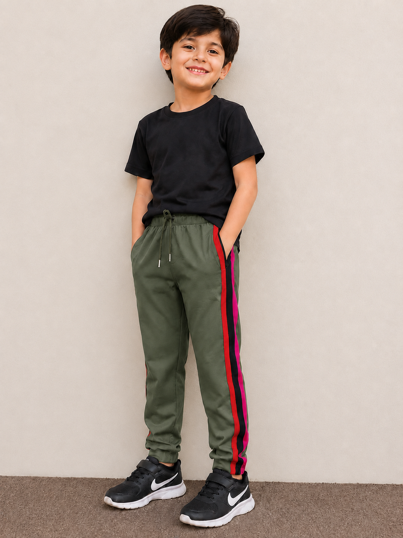 Premium Kids single jersey Trouser olive green dark with ,Side Stripe p22