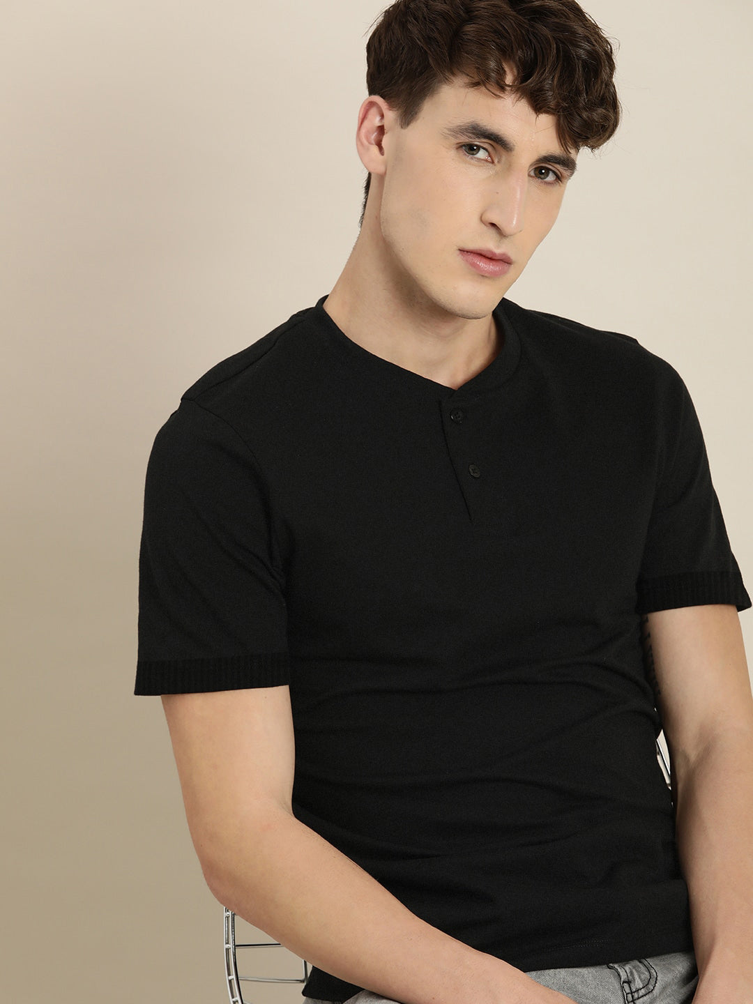 Blueberyl Short Sleeve Henley Neck Sweater For Men-Black-RT2199