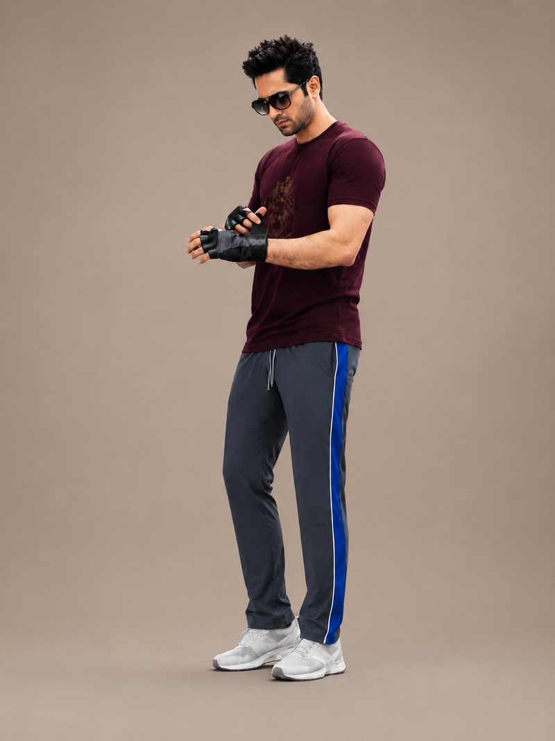 Stylish Regular Fit Summer Trouser For Men-Charcol With Royal blue & White Stripers-A08