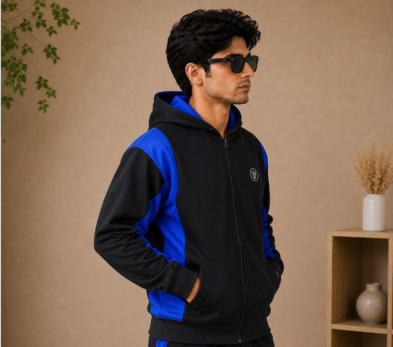 Stylish Winter Zipper down shoulder Jacket For Men-Black With royle Blue panals hr1