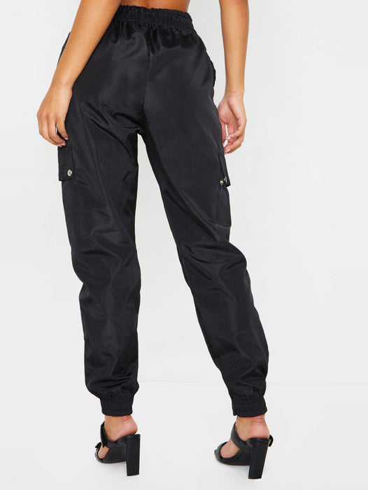 Cuffed Hem Shell Side Pockets Jogger Trouser For Ladies-Black-RT2589