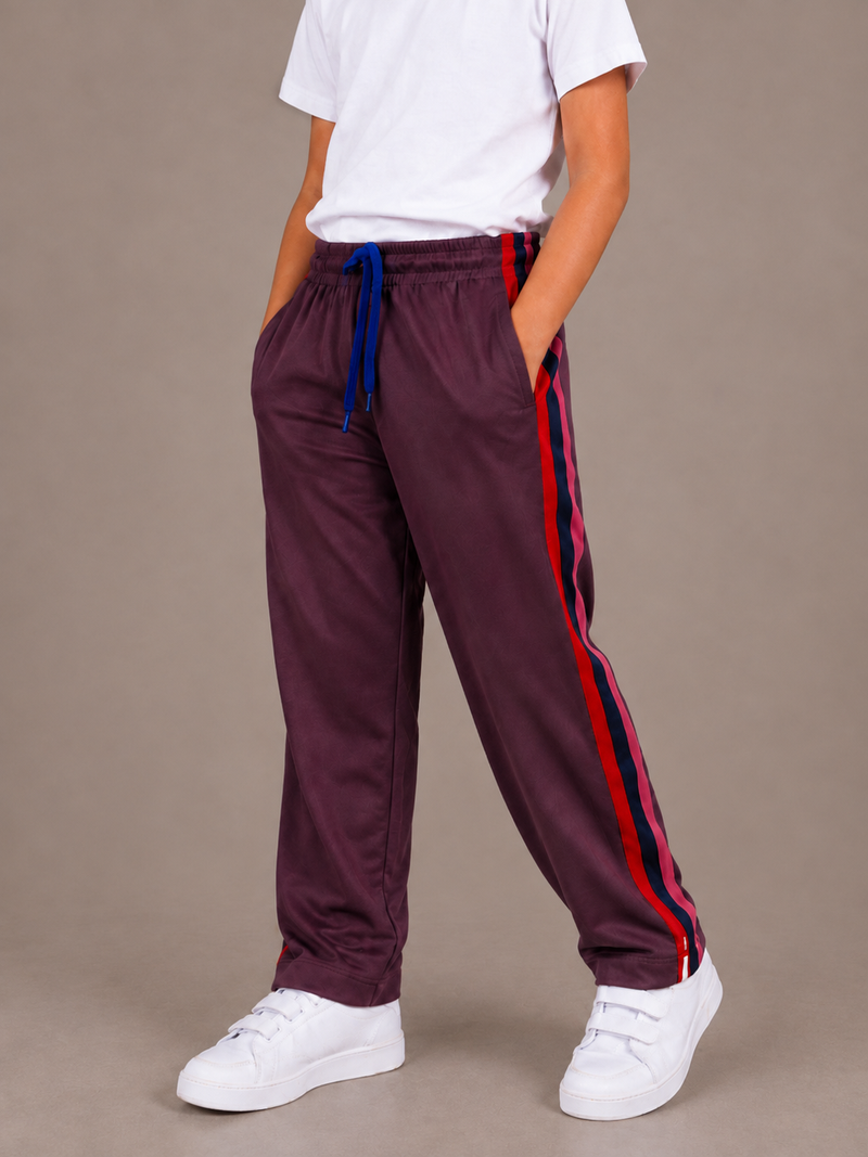 Premium Kids Lycra Trousers Mauve Brown with Royal Blue ,Red,pink,Side panal Stripe p9