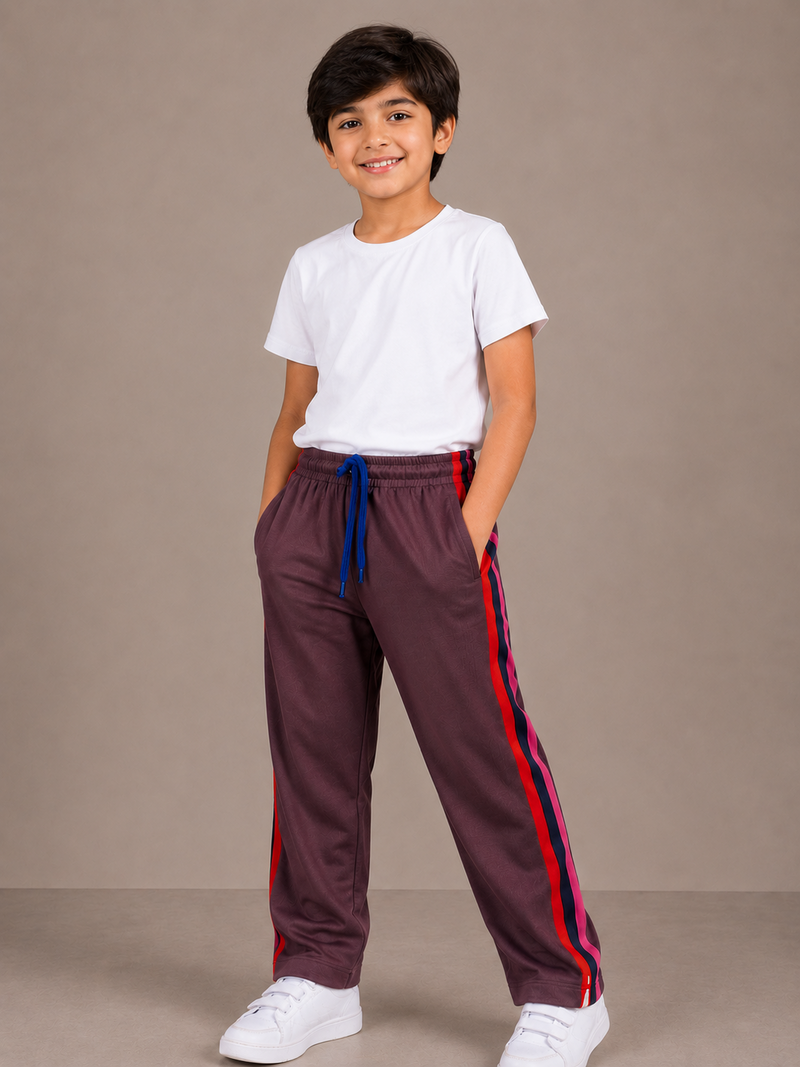 Premium Kids Lycra Trousers Mauve Brown with Royal Blue ,Red,pink,Side panal Stripe p9