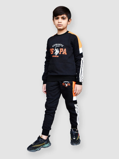 U.S Polo Assn Fleece Tracksuit For Kids-Black with Orange-BR914