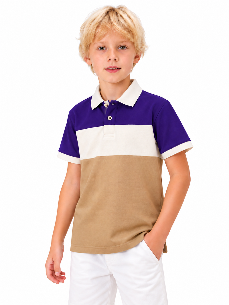 HB Summer P.Q Polo Shirt For Kids indego white with camel- hb07