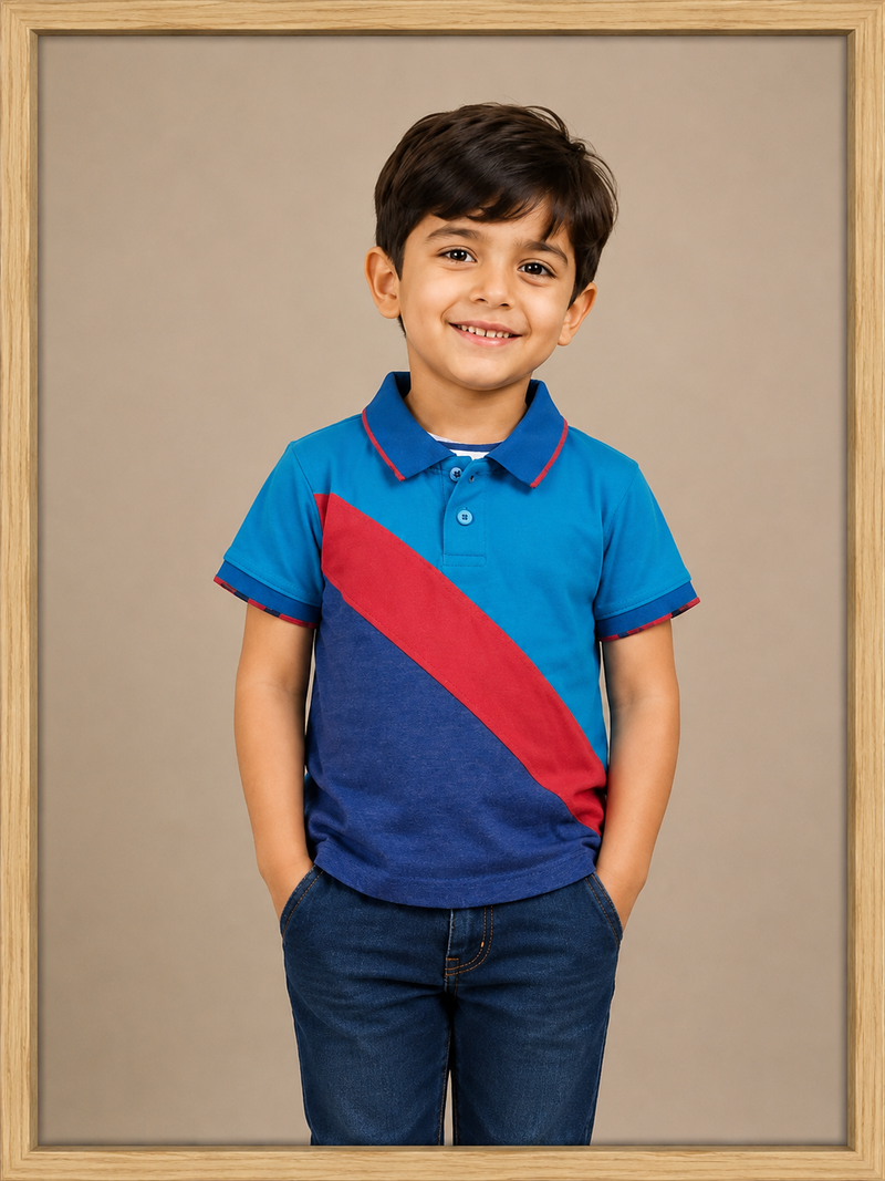 Kids Color Block Polo T-Shirt – Blue & Red - M01
