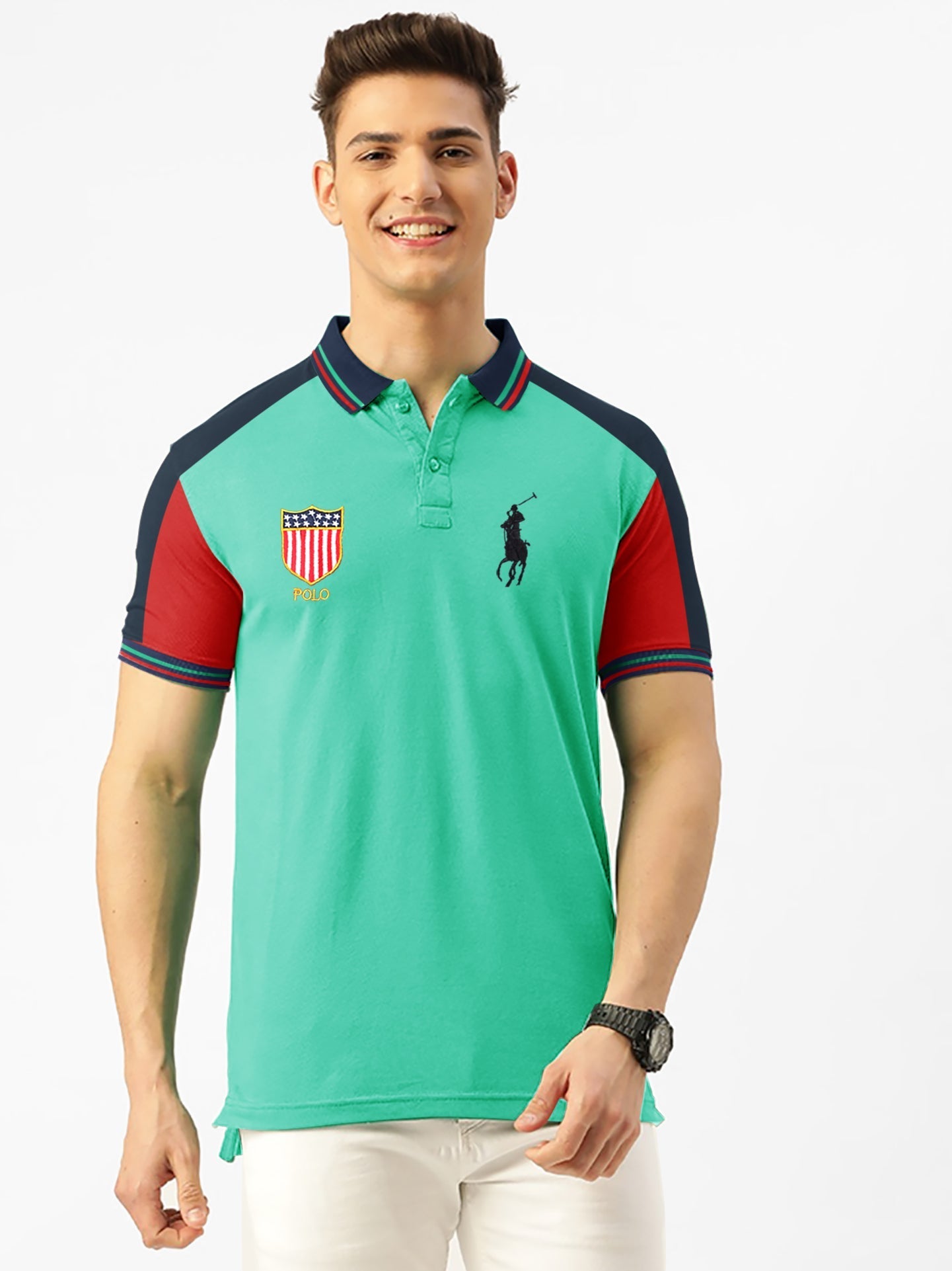 PRL Stylish Pique Summer Polo For Men-Cyan With Navy & Red-RT718