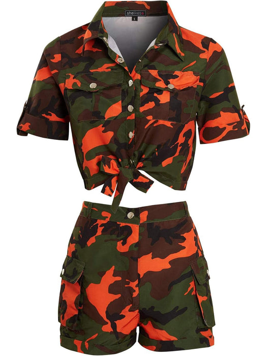 Rising Pop Button Shorts Co-Ord For Ladies-Orange Camouflage-RT2604