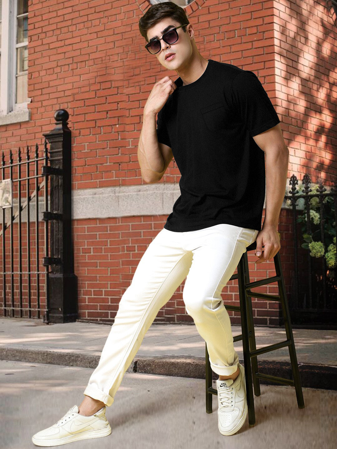 OLZEN Short Sleeve Crew Neck Sweater For Men-Black-RT2200