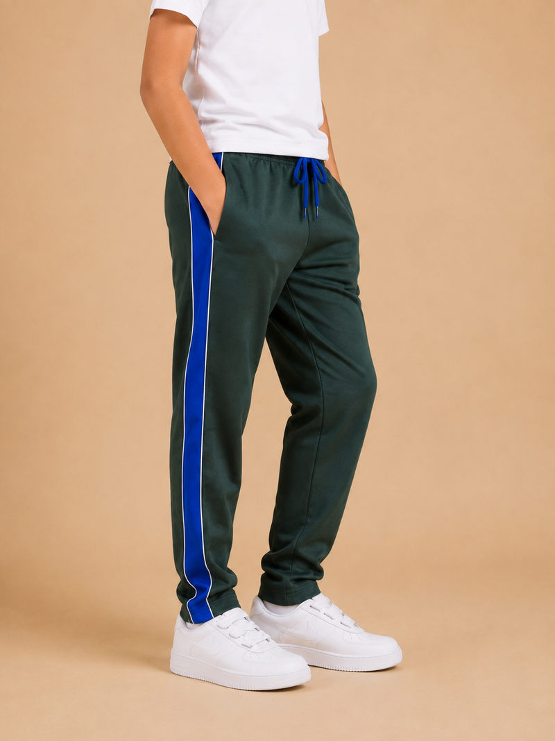 Kids Premium Track Pants – Dark Green with Royal Blue Side Panel ah2
