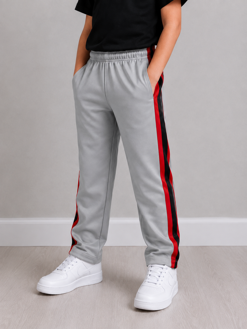 Kids Premium Track Pants – Steel Grey with Red, Black & Royal Blue Stripes bn543