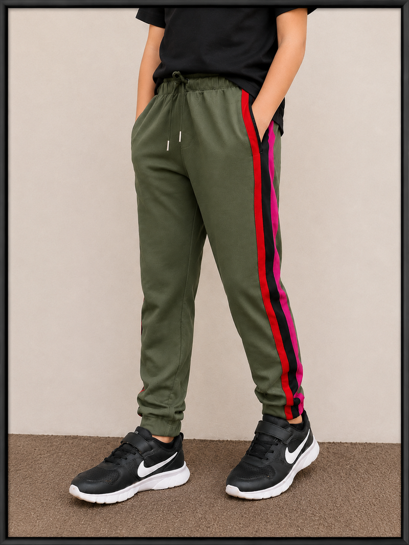 Premium Kids single jersey Trouser olive green dark with ,Side Stripe p22