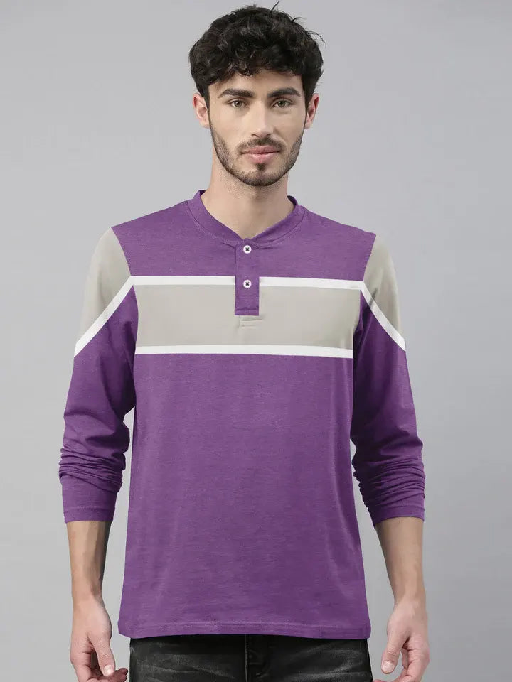 Louis Vicaci P.Q Long Sleeve Henley Shirt For Men-Purple Melange with Grey Panel-RT2427