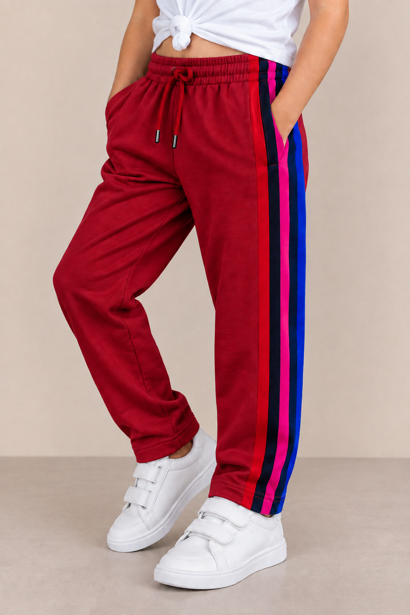 Premium Kids Lycra Trousers Dark red with Royal Blue ,Red,pink,Side panal Stripe p8
