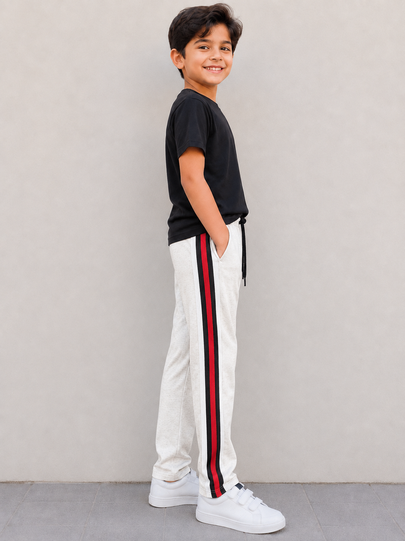 Premium Kids single jersey Trousers off-white mélange with ,Side Stripe p14