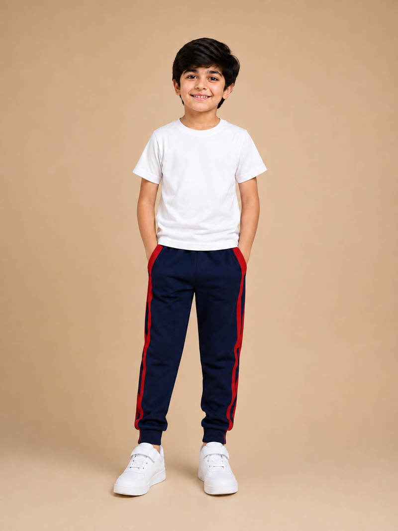 Premium Kids Lycra Trousers navy with Royal Blue ,Red,pink,Side panal Stripe p2